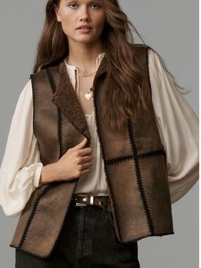 Anthropologie Reversible Brown Suede Shearling Patchwork Vest